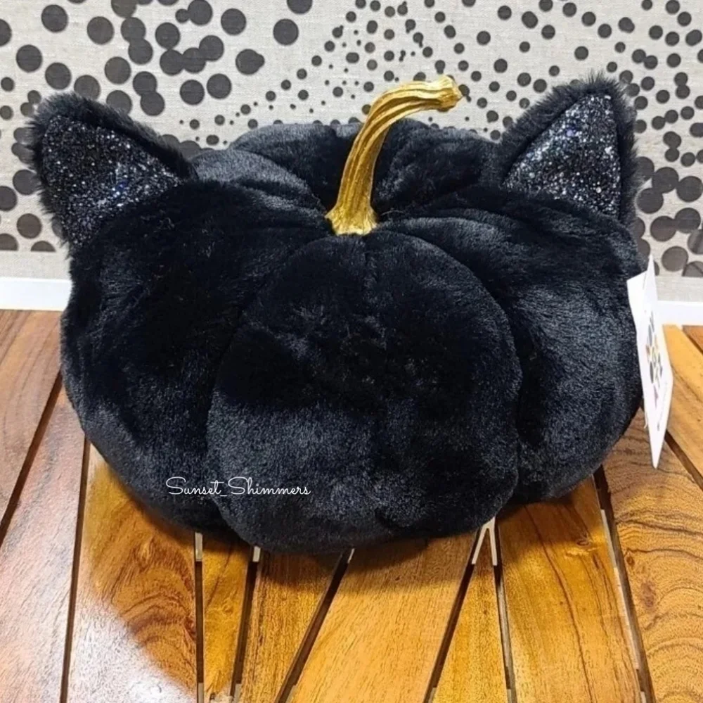 Faux Fur Black Cat Halloween Pillow Plush Sparkly Irridecent Glittered Ears NEW